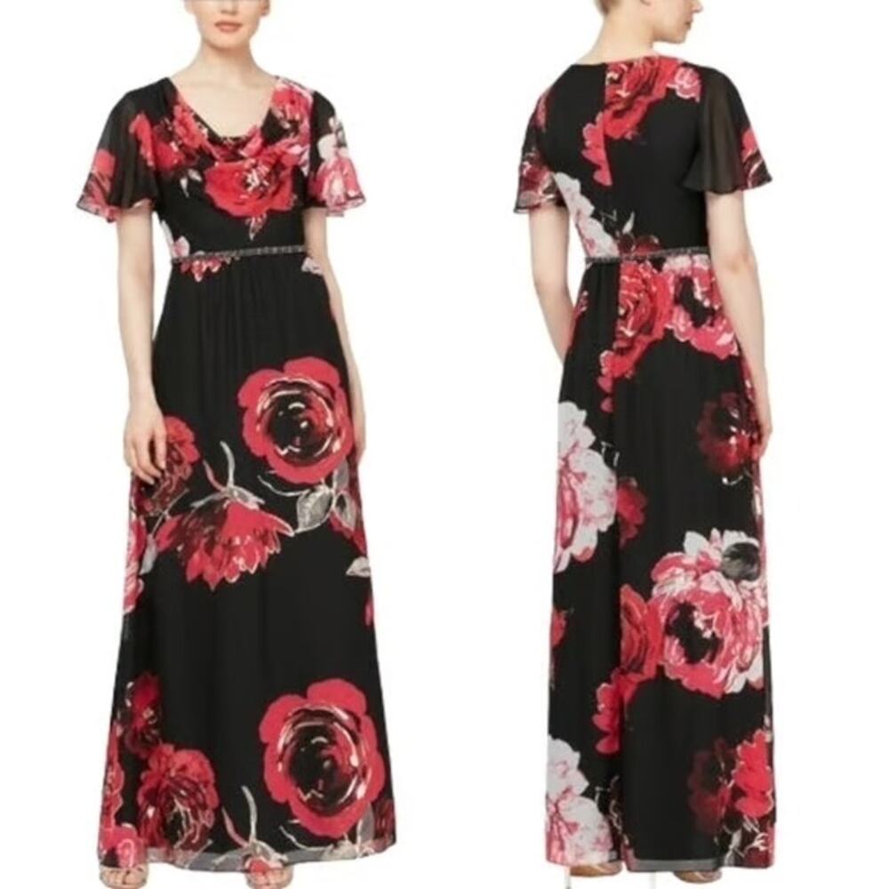 NWT SLNY Cowl Neck Floral Maxi Dress Black Red Floral Flutter Sleeve Size 6